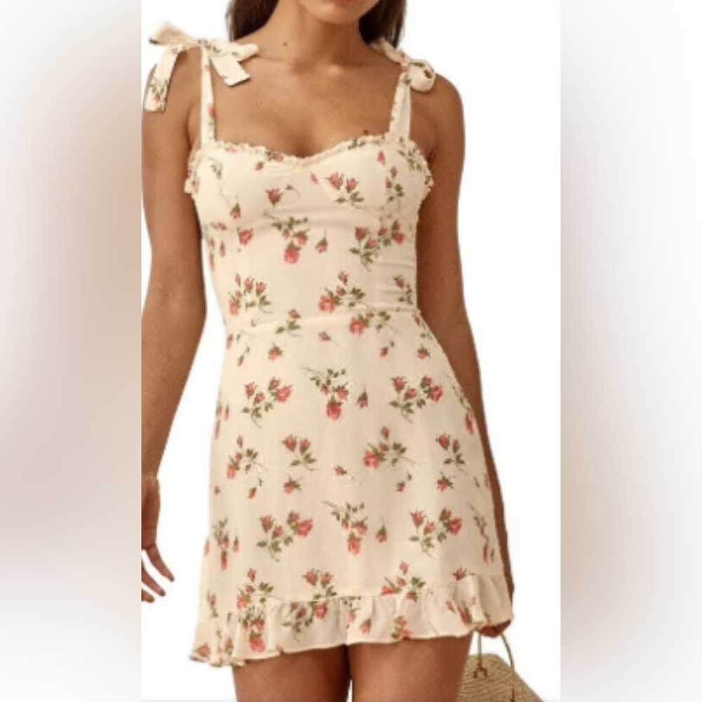 Reformation Christine Mini Dress Rose Pattern Ties Ruffle Edge Smocking 6 NWT